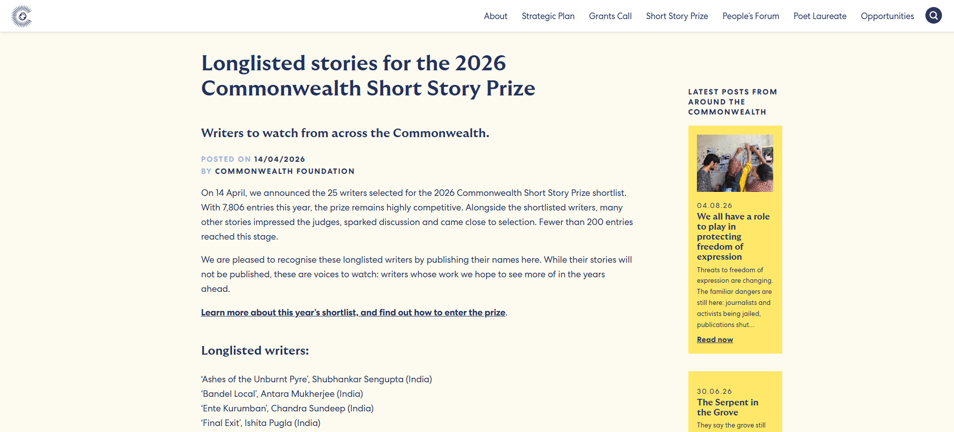 Longlisted stories for the 2026 Commonwealth Short Story Prize